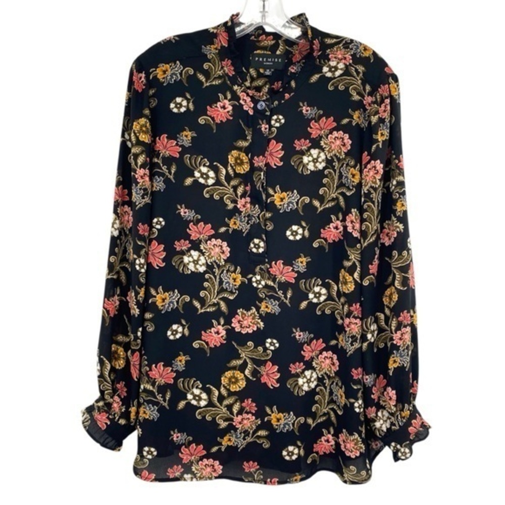 Premise Black Floral Blouse Long Sleeve Ruffle Flowy Tunic Top Size 1X